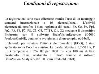 Condizioni di registrazione
Le registrazioni sono state effettuate tramite l’uso di un montaggio
standard internazionale a 16 elettrodi/canali: L’attività
elettroencefalografica è stata registrata dai canali Fz, Cz, Pz, Fp1,
Fp2, F3, F4, F7, F8, C3, C4, T7,T8, O1, O2 mediante il dispositivo
BrainAmp con il software BrainVisionRecorder (©2010
ProductsGmbH), durante lo svolgimento di un compito odd-ball,
L’elettrodo per valutare l’attività elettro-oculare (EOG), è stato
applicato sopra l’occhio sinistro. La banda rilevata a 0,2-50 Hz, l’
EEG campionato a 256 Hz per 1000 ms, con 100 ms di base
prestimolo infine, analizzato e filtrato tramite il software
BrainVision Analyzer (©2010 Brain ProductsGmbH).

 