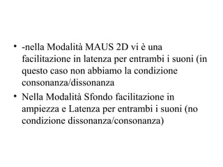 • -nella Modalità MAUS 2D vi è una
facilitazione in latenza per entrambi i suoni (in
questo caso non abbiamo la condizione
consonanza/dissonanza
• Nella Modalità Sfondo facilitazione in
ampiezza e Latenza per entrambi i suoni (no
condizione dissonanza/consonanza)

 