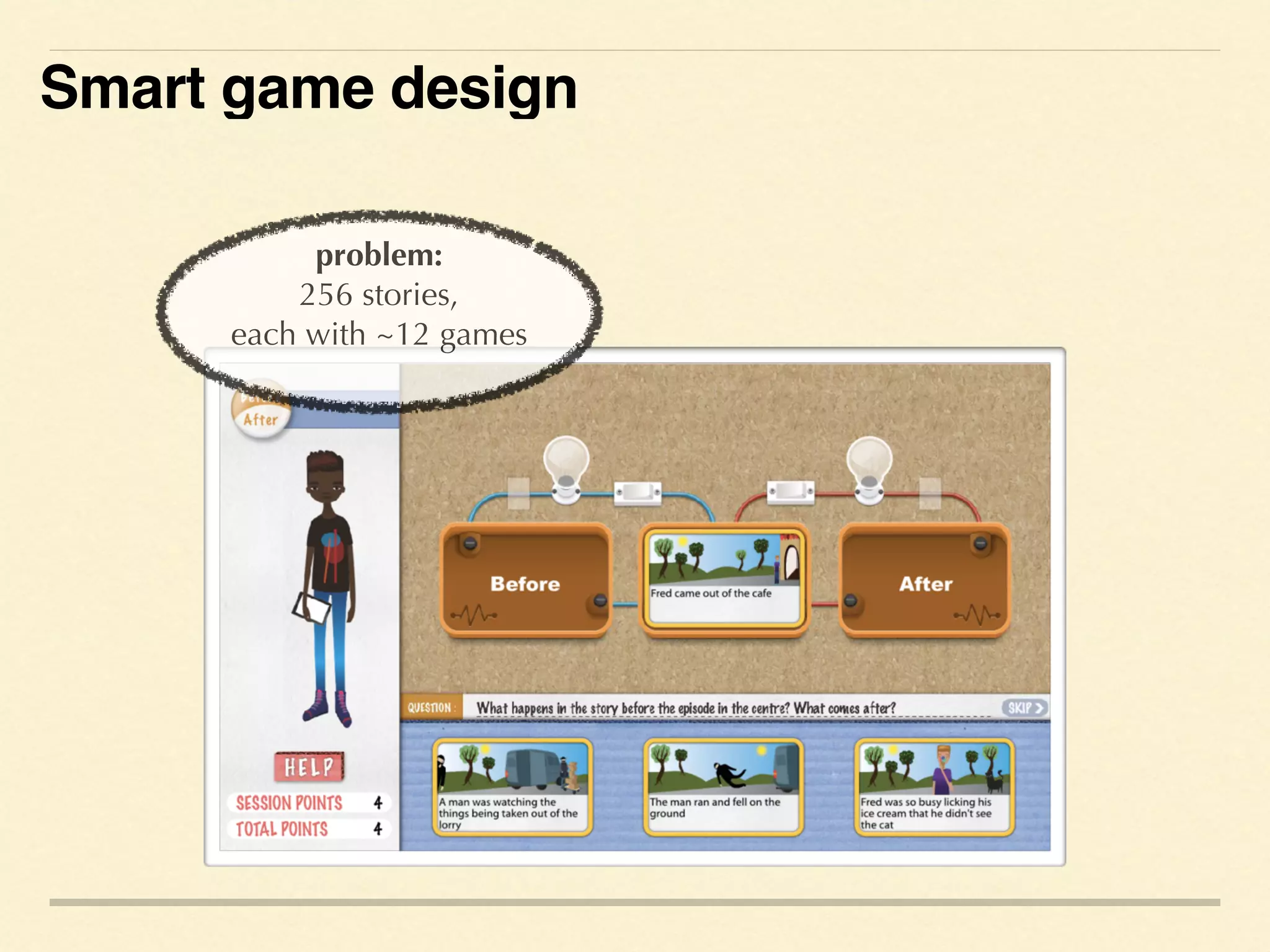 problem:
256 stories,
each with ~12 games
Smart game design
 