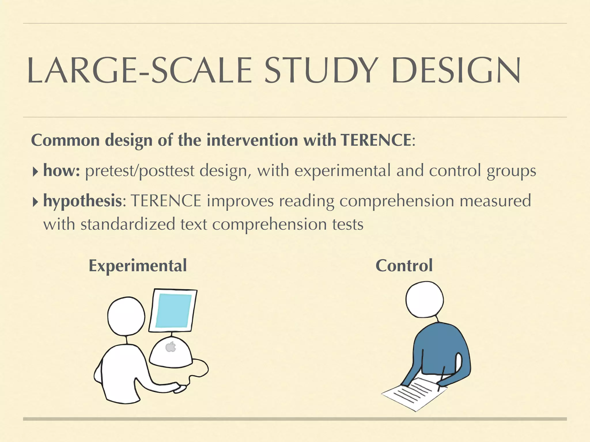 LARGE-SCALE STUDY DESIGN
Common design of the intervention with TERENCE:
‣how: pretest/posttest design, with experimental and control groups
‣hypothesis: TERENCE improves reading comprehension measured
with standardized text comprehension tests
ControlExperimental
 