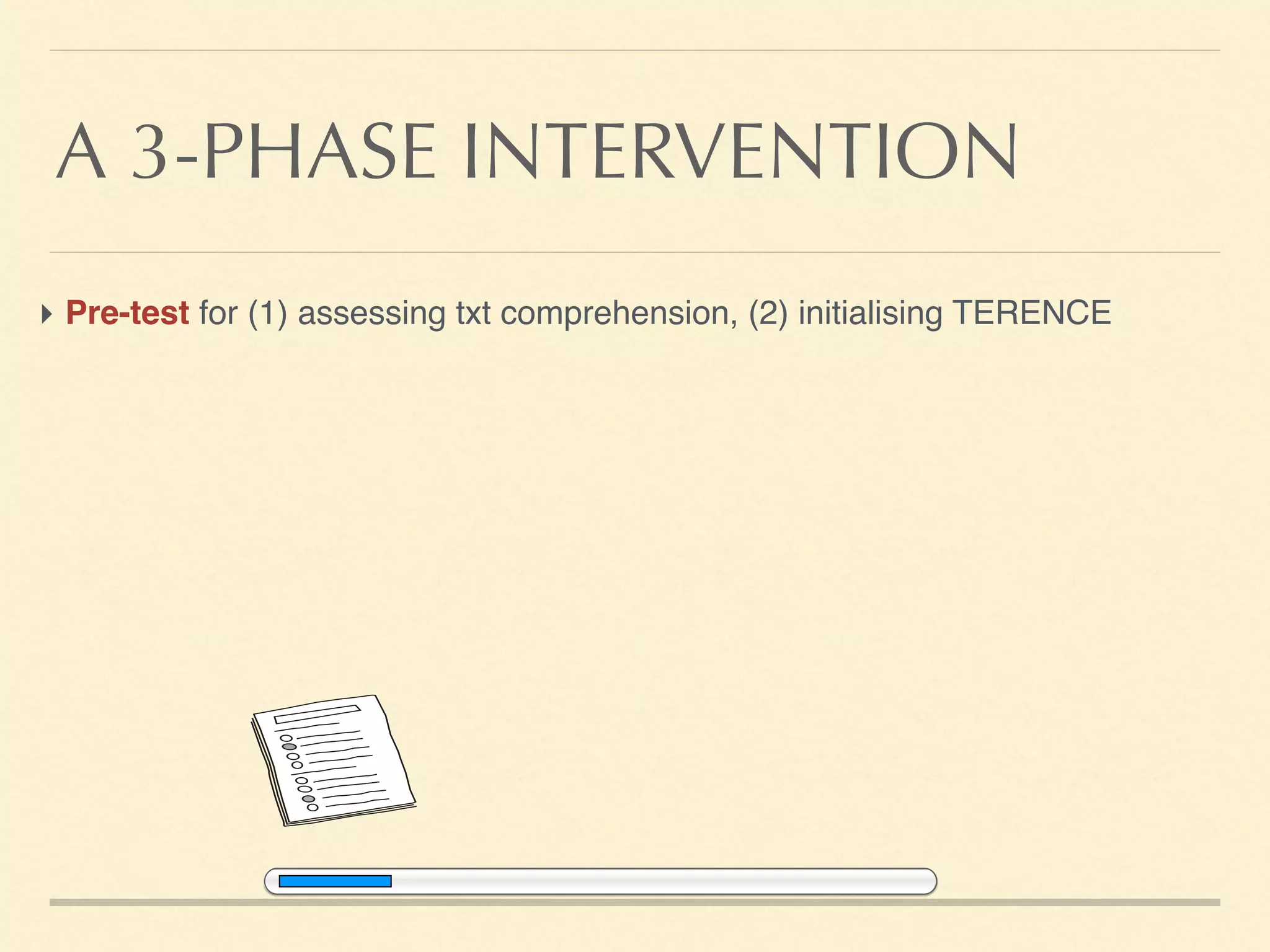 A 3-PHASE INTERVENTION
‣ Pre-test for (1) assessing txt comprehension, (2) initialising TERENCE
 