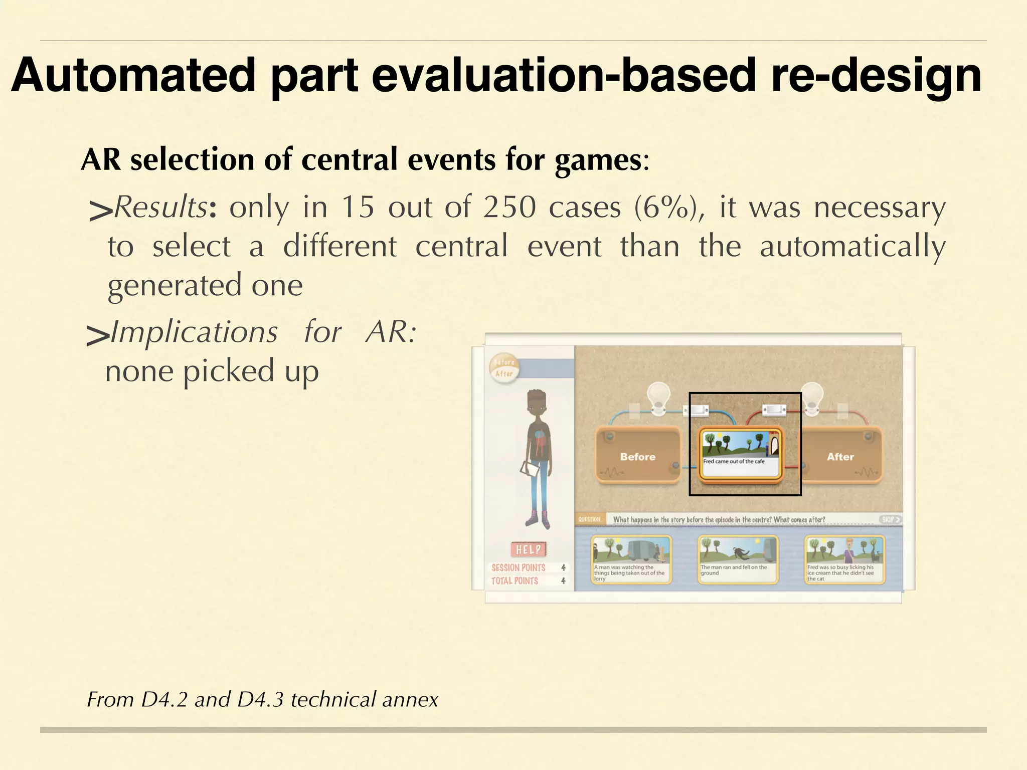AR selection of central events for games:
>Results: only in 15 out of 250 cases (6%), it was necessary
to select a different central event than the automatically
generated one
From D4.2 and D4.3 technical annex
>Implications for AR:
none picked up
Automated part evaluation-based re-design
 