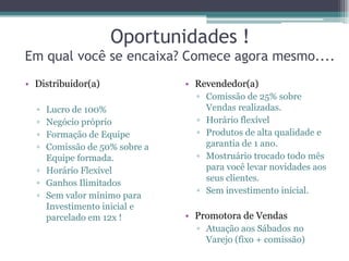 Oportunidades !
Em qual você se encaixa? Comece agora mesmo....
• Distribuidor(a)
▫ Lucro de 100%
▫ Negócio próprio
▫ Formação de Equipe
▫ Comissão de 50% sobre a
Equipe formada.
▫ Horário Flexível
▫ Ganhos Ilimitados
▫ Sem valor mínimo para
Investimento inicial e
parcelado em 12x !
• Revendedor(a)
▫ Comissão de 25% sobre
Vendas realizadas.
▫ Horário flexível
▫ Produtos de alta qualidade e
garantia de 1 ano.
▫ Mostruário trocado todo mês
para você levar novidades aos
seus clientes.
▫ Sem investimento inicial.
• Promotora de Vendas
▫ Atuação aos Sábados no
Varejo (fixo + comissão)
 