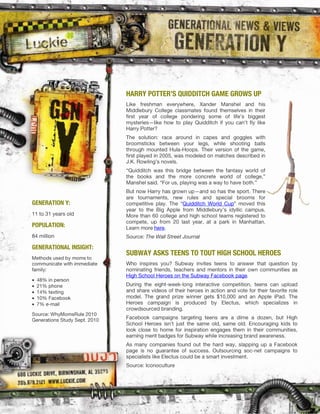 HARRY POTTER’S QUIDDITCH GAME GROWS UP
SUBWAY ASKS TEENS TO TOUT HIGH SCHOOL HEROES
GENERATION Y:
POPULATION:
GENERATIONAL INSIGHT:
 