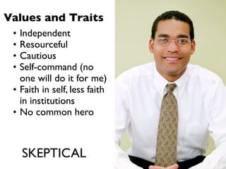 Values and Traits
 • Independent
 • Resourceful
 • Cautious
 • Self-command (no
   one will do it for me)
 • Faith in self, less faith
   in institutions
 • No common hero



   SKEPTICAL
 
