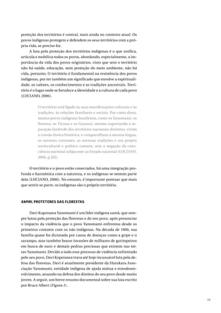 59
proteção dos territórios é central, mais ainda no contexto atual. Os
povos indígenas protegem e defendem os seus territórios com a pró-
pria vida, se preciso for.
A luta pela proteção dos territórios indígenas é o que unifica,
articula e mobiliza todos os povos, abordando, especialmente, a im-
portância da vida dos povos originários, visto que sem o território
não há saúde, educação, nem proteção do meio ambiente, não há
vida, portanto. O território é fundamental na resistência dos povos
indígenas, por ter também um significado que envolve a espirituali-
dade, os valores, os conhecimentos e as tradições ancestrais. Terri-
tório é o lugar onde se fortalece a identidade e a cultura de cada povo
(LUCIANO, 2006).
O território está ligado às suas manifestações culturais e às
tradições, às relações familiares e sociais. Por conta disso,
muitos povos indígenas brasileiros, como os Yanomami, os
Baniwa, os Ticuna e os Guarani, mesmo suportando a se-
paração limítrofe dos territórios nacionais distintos, vivem
a coesão étnica histórica, e compartilham a mesma língua,
os mesmos costumes, as mesmas tradições e um projeto
sociocultural e político comum, sem a negação da cons-
ciência nacional subjacente ao Estado nacional (LUCIANO,
2006, p.102).
O território e o povo estão conectados, há uma integração pro-
funda e harmônica com a natureza, e os indígenas se sentem parte
dela (LUCIANO, 2006). No entanto, é importante pontuar que mais
que sentir-se parte, os indígenas são o próprio território.
XAPIRI, PROTETORES DAS FLORESTAS
Davi Kopenawa Yanomami é um líder indígena xamã, que sem-
pre lutou pela proteção das florestas e do seu povo, após presenciar
o impacto da violência que o povo Yanomami enfrentou desde os
primeiros contatos com os não indígenas. Na década de 1960, sua
família quase foi dizimada por causa de doenças como a gripe e o
sarampo, mas também houve invasões de milhares de garimpeiros
em busca de ouro e demais pedras preciosas que existem nas ter-
ras Yanomami. Devido a todo esse processo de violência enfrentado
pelo seu povo, Davi Kopenawa trava até hoje incansável luta pela de-
fesa das florestas. Davi é atualmente presidente da Hutukara Asso-
ciação Yanomami, entidade indígena de ajuda mútua e etnodesen-
volvimento, atuando na defesa dos direitos do seu povo desde muito
jovem. A seguir, um breve resumo documental sobre sua luta escrito
por Bruce Albert (Figura 1).
 