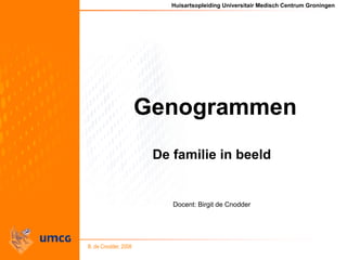Huisartsopleiding Universitair Medisch Centrum Groningen
Genogrammen
De familie in beeld
Docent: Birgit de Cnodder
B. de Cnodder, 2008
 