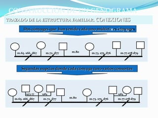 CONSTRUCCIÓN DE UN GENOGRAMA
TRAZADO DE LA ESTRUCTURA FAMILIAR. CONEXIONES

         Dos cónyuges que han tenido cada uno múltiɤ˼es cónyuges




    m.65. s66. d67     m.72. d77    m.80    m.73. s75. d76    m.77.s78 d79




       Segundas nupcias donde cada cónyuge tuvo varios consortes




          1973-77    1984                                    1984
   m.65. s66. d67    m.72. d77     m.80    m.73. s75. d76    m.77.s78 d79
 