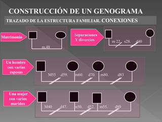 CONSTRUCCIÓN DE UN GENOGRAMA
TRAZADO DE LA ESTRUCTURA FAMILIAR. CONEXIONES
m.48
m 22. s28. d40
M55 .d59. m60. d70. m80. d83
M40 .d47. m50. d52. m55. d80
Matrimonio
Un hombre
con varias
esposas
Separaciones
Y divorcios
Una mujer
con varios
maridos
 