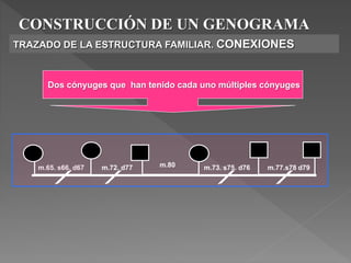 CONSTRUCCIÓN DE UN GENOGRAMA
TRAZADO DE LA ESTRUCTURA FAMILIAR. CONEXIONES
m.65. s66. d67 m.72. d77 m.80 m.73. s75. d76 m.77.s78 d79
Dos cónyuges que han tenido cada uno múltiples cónyuges
 