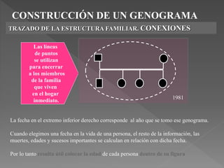 CONSTRUCCIÓN DE UN GENOGRAMA
TRAZADO DE LA ESTRUCTURA FAMILIAR. CONEXIONES
Las líneas
de puntos
se utilizan
para encerrar
a los miembros
de la familia
que viven
en el hogar
inmediato.
1981
La fecha en el extremo inferior derecho corresponde al año que se tomo ese genograma.
Cuando elegimos una fecha en la vida de una persona, el resto de la información, las
muertes, edades y sucesos importantes se calculan en relación con dicha fecha.
Por lo tanto resulta útil colocar la edad de cada persona dentro de su figura
 