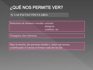 5) LAS PAUTAS VINCULARES.
Relaciones de distancia vincular: cercanía
distancia
conflicto etc
Triangulos clave (bowen).
Bajo la tensión, dos personas tienden a atraer una tercera,
estabilizando el sistema al formar coalición las dos
 