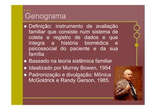 Genograma
   Definição: instrumento de avaliação
    familiar que consiste num sistema de
    coleta e registro de dados e que
    integra a história biomédica e
    psicossocial do paciente e da sua
    família
   Baseado na teoria sistêmica familiar
   Idealizado por Murray Bowen, 1954
   Padronização e divulgação: Mônica
    McGoldrick e Randy Gerson, 1985.
 