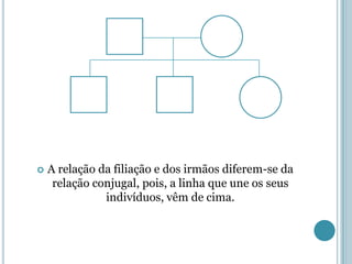    A relação da filiação e dos irmãos diferem-se da
     relação conjugal, pois, a linha que une os seus
               indivíduos, vêm de cima.
 