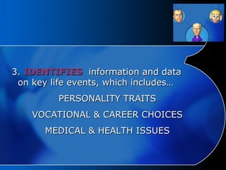 3.  IDENTIFIES   information and data  on key life events, which includes… PERSONALITY TRAITS VOCATIONAL & CAREER CHOICES MEDICAL & HEALTH ISSUES 