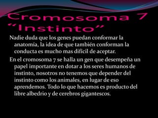 Nadie duda que los genes puedan conformar la
anatomía, la idea de que también conforman la
conducta es mucho mas difícil de aceptar.
En el cromosoma 7 se halla un gen que desempeña un
papel importante en dotar a los seres humanos de
instinto, nosotros no tenemos que depender del
instinto como los animales, en lugar de eso
aprendemos. Todo lo que hacemos es producto del
libre albedrio y de cerebros gigantescos.
 