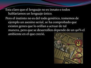 Esta claro que el lenguaje no es innato o todos
hablaríamos un lenguaje único.
Pero el instinto no es del todo genético, tomemos de
ejemplo un asesino serial, se ha comprobado que
existen genes que lo orillan a actuar de tal
manera, pero que se desarrollen depende de un 90% el
ambiente en el que creció.
 