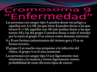 Las personas con sangre tipo A pueden donar sin peligro a
aquellas con A o AB, las que tiene B pueden donar a las que
tienen B o AB, aquellas con AB solo podían donar a las que
tenían AB y las del grupo O pueden donar a todo el mundo:
por lo tanto el grupo O se conoce como donante universal.
A y B son formas codominantes del mismo gen y O es su
forma recesiva.
El grupo O es mucho mas propenso a la infección del
cólera, el grupo A es el mas resistente.
Las personas con sangre tipo O son ligeramente mas
resistentes a la malaria y tienen ligeramente menos
probabilidad de tener diversos tipos de cáncer.
 