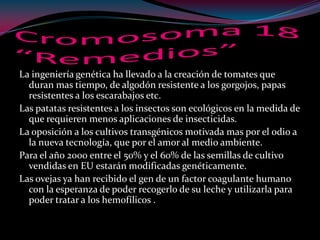 La ingeniería genética ha llevado a la creación de tomates que
duran mas tiempo, de algodón resistente a los gorgojos, papas
resistentes a los escarabajos etc.
Las patatas resistentes a los insectos son ecológicos en la medida de
que requieren menos aplicaciones de insecticidas.
La oposición a los cultivos transgénicos motivada mas por el odio a
la nueva tecnología, que por el amor al medio ambiente.
Para el año 2000 entre el 50% y el 60% de las semillas de cultivo
vendidas en EU estarán modificadas genéticamente.
Las ovejas ya han recibido el gen de un factor coagulante humano
con la esperanza de poder recogerlo de su leche y utilizarla para
poder tratar a los hemofílicos .
 