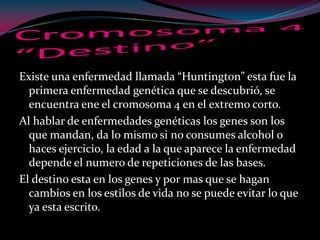 Existe una enfermedad llamada “Huntington” esta fue la
primera enfermedad genética que se descubrió, se
encuentra ene el cromosoma 4 en el extremo corto.
Al hablar de enfermedades genéticas los genes son los
que mandan, da lo mismo si no consumes alcohol o
haces ejercicio, la edad a la que aparece la enfermedad
depende el numero de repeticiones de las bases.
El destino esta en los genes y por mas que se hagan
cambios en los estilos de vida no se puede evitar lo que
ya esta escrito.
 