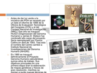 Antes de dar luz verde a la
iniciativa del PGH se necesitó por
un lado el informe de 1988 de la
Oficina de Evaluación Tecnológica
del Congreso (OTA) y el del
Consejo Nacional de Investigación
(NRC). Ese año se inauguró
HUGO (Organización del Genoma
Humano) y James D. Watson fue
nombrado alto cargo del proyecto.
Sería reemplazado por Francis
Collins en abril de 1993. Tras esto
el nombre del Centro cambió a
Instituto Nacional de
Investigaciones del Genoma
Humano (NHGRI).
 En 1990 se inauguró
definitivamente el Proyecto
Genoma Humano calculándose
quince años de trabajo. Sus
objetivos principales en una
primera etapa eran la elaboración
de mapas genéticos y físicos de
gran resolución, mientras se
ponían a punto nuevas técnicas de
 