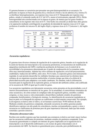 El genoma humano se caracteriza por presentar una gran heterogeneidad en su secuencia. En
particular, la riqueza en bases de guanina (G) y citosina (C) frente a las de adenina (A) y timina (T)
se distribuye heterogéneamente, con regiones muy ricas en G+C flanqueadas por regiones muy
pobres, siendo el contenido medio de G+C del 41%, menor al teóricamente esperado (50%). Dicha
heterogeneidad esta correlacionada con la riqueza en genes, de manera que los genes tienden a
concentrarse en las regiones más ricas en G+C. Este hecho era conocido ya desde hace años gracias
a la separación mediante centrifugación en gradiente de densidad de regiones ricas en G+C (que
recibieron el nombre de isócoros H; del inglés High) y regiones ricas en A+T (isócoros L; del inglés
Low).

Isócoros. Riqueza en G+C y genes en el genoma humano

-Secuencias reguladoras:
El genoma tiene diversos sistemas de regulación de la expresión génica, basados en la regulación de
la unión de factores de transcripción a las secuencias promotoras, en mecanismos de modificación
epigenética (metilación del ADN o metilación-acetilación de histonas) o en el control de la
accesibilidad a los promotores determinada por el grado de condensación de la cromatina; todos
ellos muy interrelacionados. Además hay otros sistemas de regulación a nivel del procesamiento,
estabilidad y traducción del ARNm, entre otros. Por lo tanto, la expresión génica está intensamente
regulada, lo cual permite desarrollar los múltiples fenotipos que caracterizan los distintos tipos
celulares de un organismo eucariota multicelular, al mismo tiempo que dota a la célula de la
plasticidad necesaria para adaptarse a un medio cambiante. No obstante, toda la información
necesaria para la regulación de la expresión génica, en función del ambiente celular, está codificada
en la secuencia de ADN al igual que lo están los genes.
Las secuencias reguladoras son típicamente secuencias cortas presentes en las proximidades o en el
interior (frecuentemente en intrones) de los genes. En la actualidad, el conocimiento sistemático de
estas secuencias y de cómo actúan en complejas redes de regulación génica, sensibles a señales
exógenas, es muy escaso y está comenzando a desarrollarse mediante estudios de genómica
comparada, bioinformática y biología de sistemas. La identificación de secuencias reguladoras se
basa en parte en la búsqueda de regiones no codificantes evolutivamente conservadas. Por ejemplo,
la divergencia evolutiva entre el ratón y el ser humano ocurrió hace 70-90 millones de años.
Mediante estudios de genómica comparada, alineando secuencias de ambos genomas pueden
identificarse regiones con alto grado de coincidencia, muchas correspondientes a genes y otras a
secuencias no codificantes de proteínas pero de gran importancia funcional, dado que han estado
sometidas a presión selectiva.
-Elementos ultraconservados:
Reciben este nombre regiones que han mostrado una constancia evolutiva casi total, mayor incluso
que las secuencias codificantes de proteínas, mediante estudios de genómica comparada. Estas
secuencias generalmente se solapan con intrones de genes implicados en la regulación de la
transcripción o en el desarrollo embrionario y con exones de genes relacionados con el
procesamiento del ARN. Su función es generalmente poco conocida, pero probablemente de

 