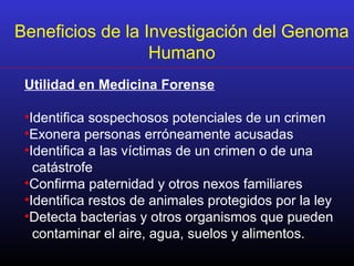 Utilidad en Medicina Forense
•Identifica sospechosos potenciales de un crimen
•Exonera personas erróneamente acusadas
•Identifica a las víctimas de un crimen o de una
catástrofe
•Confirma paternidad y otros nexos familiares
•Identifica restos de animales protegidos por la ley
•Detecta bacterias y otros organismos que pueden
contaminar el aire, agua, suelos y alimentos.
Beneficios de la Investigación del Genoma
Humano
 