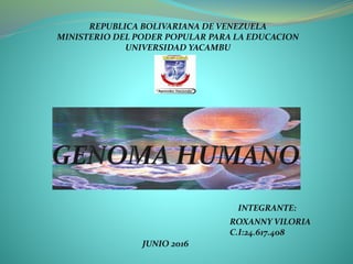 REPUBLICA BOLIVARIANA DE VENEZUELA
MINISTERIO DEL PODER POPULAR PARA LA EDUCACION
UNIVERSIDAD YACAMBU
INTEGRANTE:
ROXANNY VILORIA
C.I:24.617.408
JUNIO 2016
 