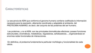 CARACTERÍSTICAS

La secuencia de ADN que conforma el genoma humano contiene codificada la información
necesaria para la expresión, altamente coordinada y adaptable al ambiente, del
PROTEOMA HUMANO, es decir, del conjunto de las proteínas del ser humano.
Las proteínas, y no el ADN, son las principales biomoléculas efectoras; poseen funciones
estructurales, enzimáticas, metabólicas, reguladoras, señalizadoras..., organizándose en
enormes redes funcionales de interacciones.

En definitiva, el proteoma fundamenta la particular morfología y funcionalidad de cada
célula.

 