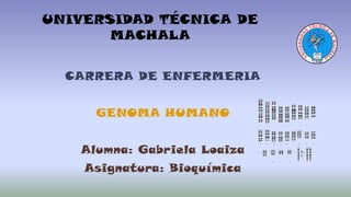 UNIVERSIDAD TÉCNICA DE
MACHALA
CARRERA DE ENFERMERIA
GENOMA HUMANO

Alumna: Gabriela Loaiza
Asignatura: Bioquímica

 