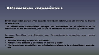 Alteraciones cromosómicas

Están provocadas por un error durante la división celular, que sin embargo no impide
su conclusión.
Las alteraciones cromosómicas reflejan una anormalidad en el número o en la
estructura de los cromosomas, por lo que se clasifican en numéricas y estructurales.

Provocan fenotipos muy diversos, pero frecuentemente presentan unos rasgos
comunes:
 Retraso mental y retraso del desarrollo.
 Alteraciones faciales y anomalías en cabeza y cuello.
 Malformaciones congénitas, con afectación preferente de extremidades, corazón,
etc.

 