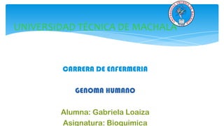 UNIVERSIDAD TÉCNICA DE MACHALA

CARRERA DE ENFERMERIA
GENOMA HUMANO

Alumna: Gabriela Loaiza
Asignatura: Bioquimica

 