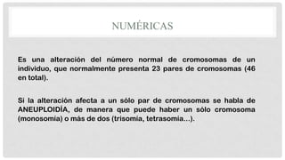 NUMÉRICAS
Es una alteración del número normal de cromosomas de un
individuo, que normalmente presenta 23 pares de cromosomas (46
en total).

Si la alteración afecta a un sólo par de cromosomas se habla de
ANEUPLOIDÍA, de manera que puede haber un sólo cromosoma
(monosomía) o más de dos (trisomía, tetrasomía...).

 