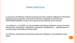 CARACTERÍSTICAS

La secuencia de ADN que conforma el genoma humano contiene codificada la información
necesaria para la expresión, altamente coordinada y adaptable al ambiente, del
PROTEOMA HUMANO, es decir, del conjunto de las proteínas del ser humano.
Las proteínas, y no el ADN, son las principales biomoléculas efectoras; poseen funciones
estructurales, enzimáticas, metabólicas, reguladoras, señalizadoras..., organizándose en
enormes redes funcionales de interacciones.

En definitiva, el proteoma fundamenta la particular morfología y funcionalidad de cada
célula.

 