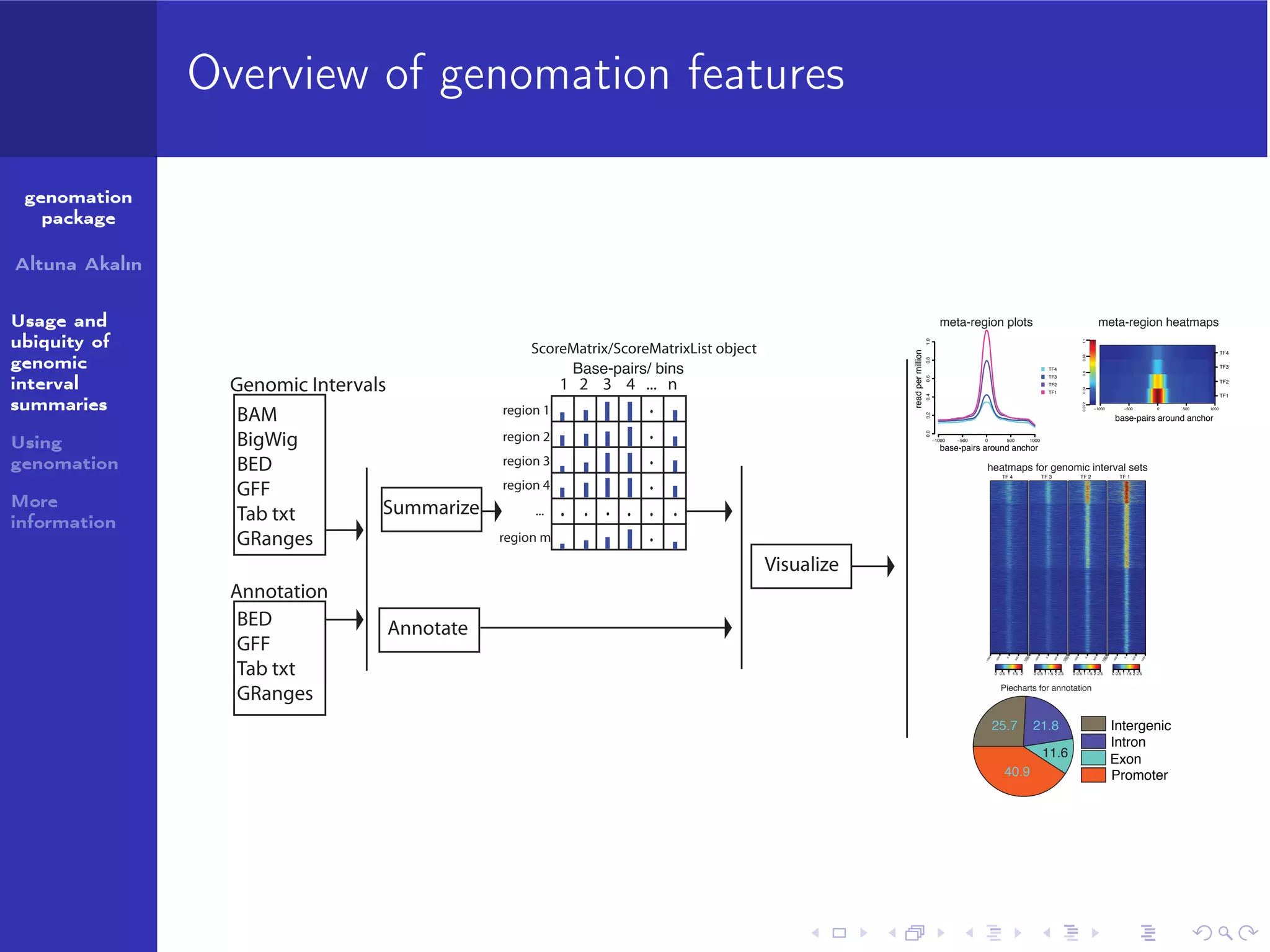 Genomic interval summaries are widely used:
Examples from literature
genomation
package
Altuna Akalın
Usage and
ubiquity of
genomic
interval
summaries
Using
genomation
More
information

Figure : Feng, S. et al. (2010). Conservation and divergence of
methylation patterning in plants and animals. PNAS

 
