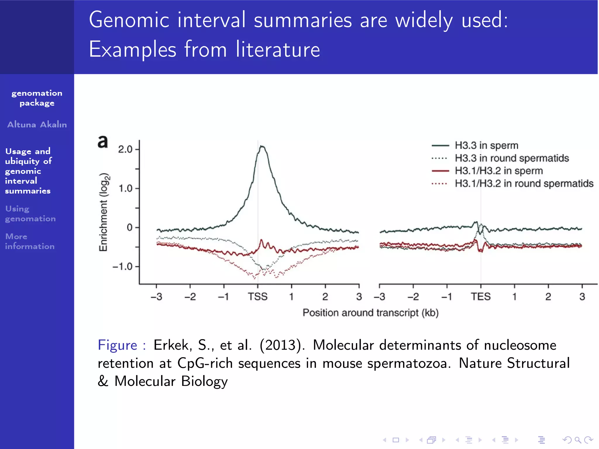 Genomic interval summaries are widely used:
Examples from literature
genomation
package
Altuna Akalın
Usage and
ubiquity of
genomic
interval
summaries
Using
genomation
More
information

Figure : Erkek, S., et al. (2013). Molecular determinants of nucleosome
retention at CpG-rich sequences in mouse spermatozoa. Nature Structural
& Molecular Biology

 