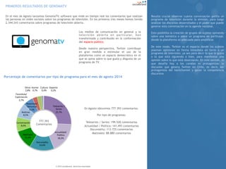 En el mes de Agosto lanzamos GenomaTV, software que mide en tiempo real los comentarios que realizan 
las personas en redes sociales sobre los programas de televisión. En los primeros tres meses hemos tenido 
2.344.243 comentarios sobre programas de televisión abierta. 
Los medios de comunicación en general y la 
televi sión abierta en particular, han 
transformado y contribuido en la conformación 
del espacio público. 
Desde nuestra perspectiva, Twitter contribuye 
en gran medida a estimular el uso de la 
plataforma como un espacio democrático en el 
que se opina sobre lo que gusta y disgusta de un 
programa de TV. 
PRIMEROS RESULTADOS DE GENOMATV 
Porcentaje de comentarios por tipo de programa para el mes de agosto 2014 
En Agosto obtuvimos 777.393 comentarios. 
© 2014 socialbrand. derechos reservados 
Por tipo de programas: 
Teleseries / Series: 199.528 comentarios 
Actualidad / Política: 141.493 comentarios 
Docureality: 113.725 comentarios 
Matinales: 88.880 comentarios 
Teleseries 
/ 
Series 
25,7% 
Actualidad/ 
Poli9ca 
18,2% 
Otros 
2,8% 
Farandula/ 
Espectaculo 
Humor 
0,7% 
Reportaje/ 
Denuncia 
6,1% 
Docureality 
14,6% 
2,7% 
No9cias 
8,5% 
Conversación 
8,6% 
Ma9nales 
11,4% 
Cultura 
0,4% 
Deporte 
0,2% 
777.393 
Comentarios 
Resulta crucial observar cuánta conversación gatilla un 
programa de televisión durante la emisión, para luego 
analizar los discursos desarrollados y el poder que puede 
generar esta conversación en la agenda nacional. 
Esto posibilita la creación de grupos de sujetos opinando 
sobre una temática o sobre un programa en particular, 
donde la plataforma es adecuada para amplificar. 
De este modo, Twitter es el espacio donde los sujetos 
plasman opiniones en forma inmediata en torno a un 
programa de televisión, ya sea para decir lo que le gusta 
o lo que está siguiendo o bien, para manifestar una 
opinión sobre lo que está observando. En este sentido, lo 
que desafía hoy a los canales es protagonizar la 
discusión que genera Twitter en Chile, es decir, ser 
protagonista del backchannel y ganar la competencia 
discursiva 
 