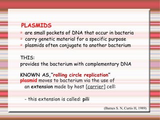 PLASMIDS are small pockets of DNA that occur in bacteria carry genetic material for a specific purpose plasmids often conjugate to another bacterium THIS: provides the bacterium with complementary DNA KNOWN AS,” rolling circle replication ” plasmid   moves to bacterium via the use of an  extension  made by host [ carrier ] cell: - this extension is called:  pili   (Barnes S. N, Curtis H, 1989) 