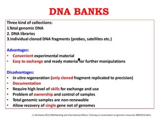 DNA BANKS
Three kind of collections:
1.Total genomic DNA
2. DNA libraries
3.Individual cloned DNA fragments (probes, satel...