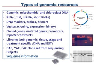 Types of genomic resources
• Genomic, mitochondrial and chloroplast DNA
• RNA (total, mRNA, short RNAs)
• DNA markers, pro...
