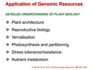 Application of Genomic Resources
DETAILED UNDERSTANDING OF PLANT BIOLOGY
 Plant architecture
 Reproductive biology
 Ver...