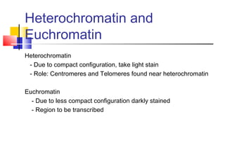 Heterochromatin and
Euchromatin
Heterochromatin
- Due to compact configuration, take light stain
- Role: Centromeres and Telomeres found near heterochromatin
Euchromatin
- Due to less compact configuration darkly stained
- Region to be transcribed
 