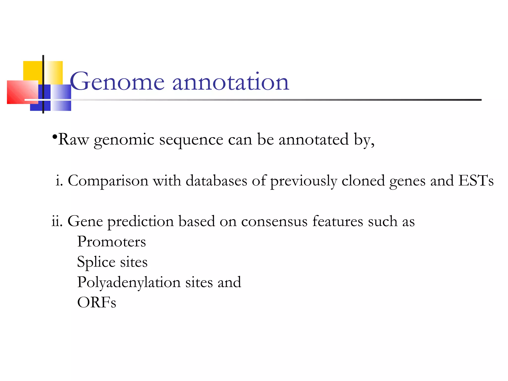 Genome annotation
•Raw genomic sequence can be annotated by,
i. Comparison with databases of previously cloned genes and ESTs
ii. Gene prediction based on consensus features such as
Promoters
Splice sites
Polyadenylation sites and
ORFs
 