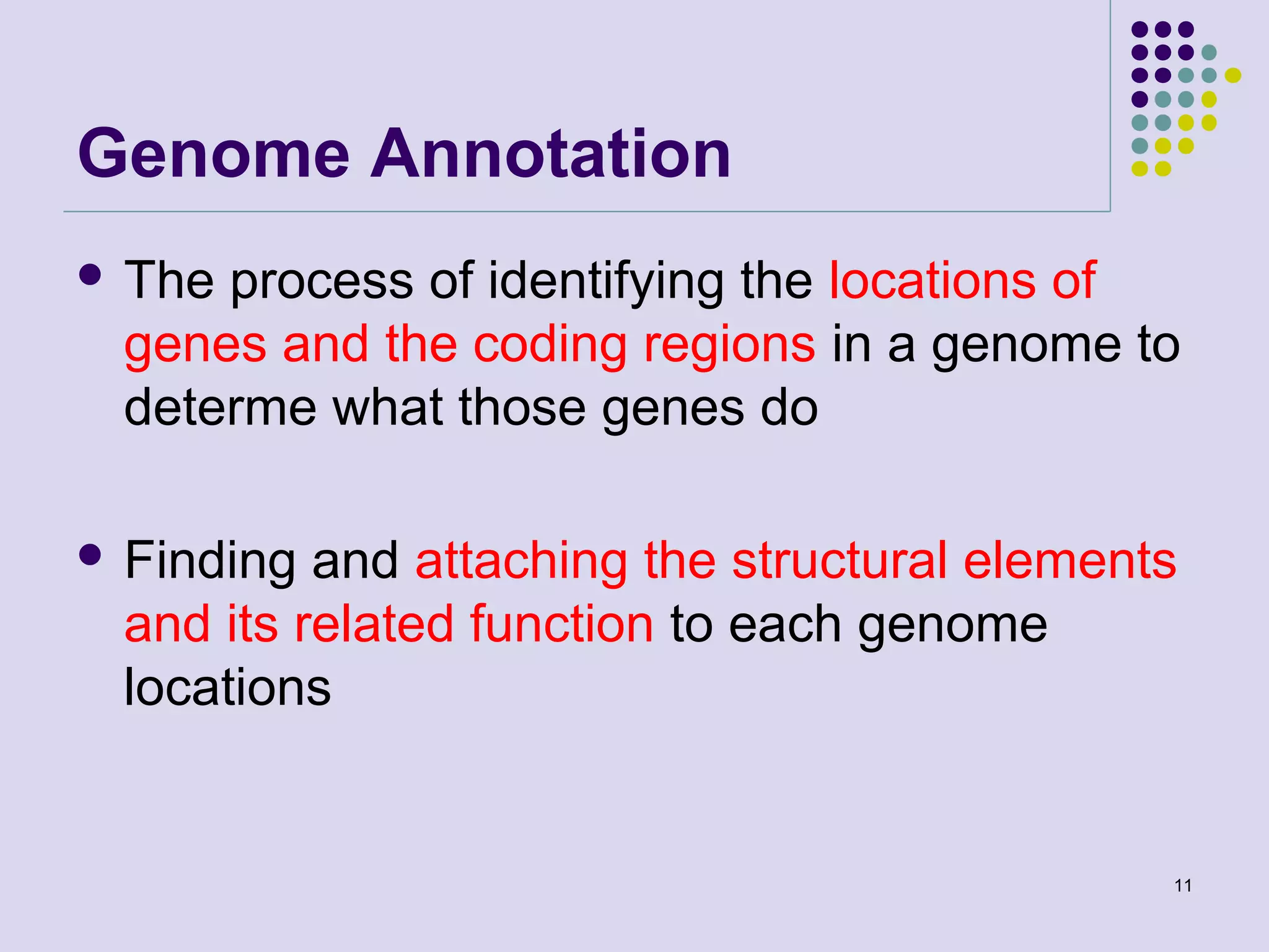 Genome Annotation
 The

process of identifying the locations of
genes and the coding regions in a genome to
determe what those genes do

 Finding

and attaching the structural elements
and its related function to each genome
locations

11

 