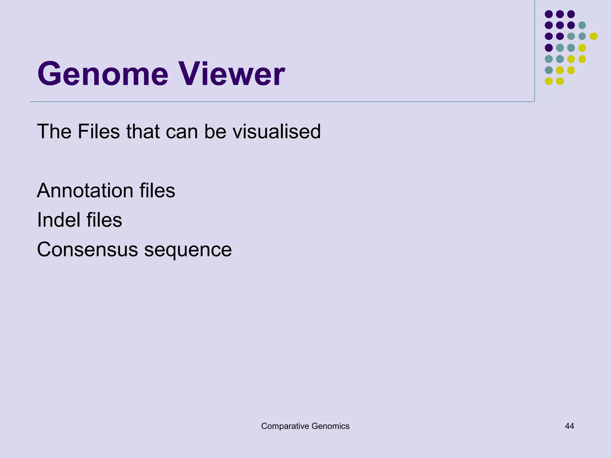 Genome Viewer
The Files that can be visualised
Annotation files
Indel files
Consensus sequence

Comparative Genomics

44

 