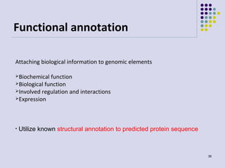 Functional annotation
Attaching biological information to genomic elements
Biochemical

function
Biological function
Involved regulation and interactions
Expression

•

Utilize known structural annotation to predicted protein sequence

36

 