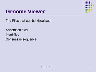 Genome Viewer
The Files that can be visualised
Annotation files
Indel files
Consensus sequence

Comparative Genomics

44

 