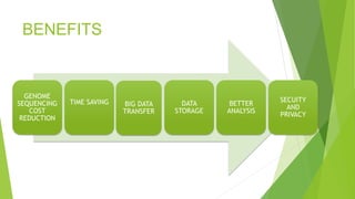 BENEFITS
GENOME
SEQUENCING
COST
REDUCTION
TIME SAVING BIG DATA
TRANSFER
DATA
STORAGE
BETTER
ANALYSIS
SECUITY
AND
PRIVACY
 