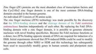Zinc finger (ZF) proteins are the most abundant class of transcription factors and
the Cys2-His2 zinc finger domain is one of the most common DNA-binding
domains encoded in the human genome.
An individual ZF Consists of 30 amino acids
The zinc finger nuclease (ZFN) technology was made possible by the discovery
that the DNA-binding domain and the cleavage domain of the FokI restriction
endonuclease function independently of each other. By replacing the FokI DNA-
binding domain with a zinc finger domain, it is possible to generate chimeric
nucleases with novel binding specificities. Because the FokI nuclease functions as
a dimer, two ZFNs binding opposite strands of DNA are required for induction of a
DSB. Initial experiments showed that ZFN-induced DSBs could be used to modify
the genome through either NHEJ or HDR and this technology has subsequently
been used to successfully modify genes in human somatic and pluripotent stem
cells.
 