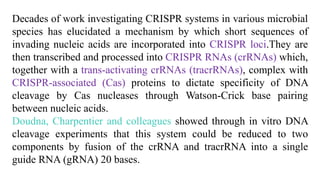 Decades of work investigating CRISPR systems in various microbial
species has elucidated a mechanism by which short sequences of
invading nucleic acids are incorporated into CRISPR loci.They are
then transcribed and processed into CRISPR RNAs (crRNAs) which,
together with a trans-activating crRNAs (tracrRNAs), complex with
CRISPR-associated (Cas) proteins to dictate specificity of DNA
cleavage by Cas nucleases through Watson-Crick base pairing
between nucleic acids.
Doudna, Charpentier and colleagues showed through in vitro DNA
cleavage experiments that this system could be reduced to two
components by fusion of the crRNA and tracrRNA into a single
guide RNA (gRNA) 20 bases.
 